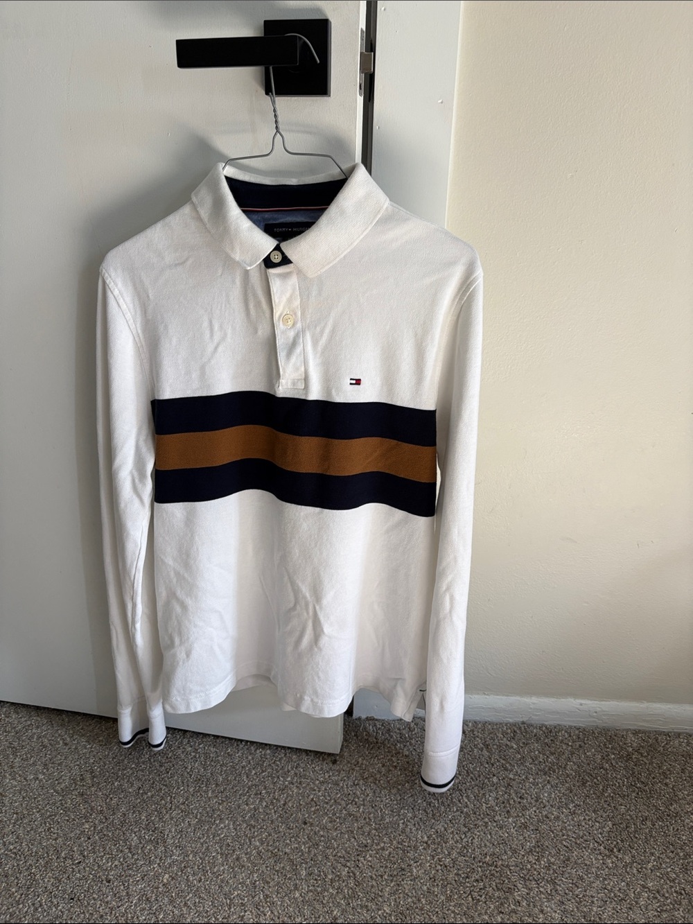 Tommy Hilfiger White Long-Sleeve Polo with Navy & Brown Chest Stripes